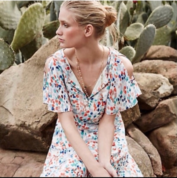 ANTHROPOLOGIE MAEVE OPEN SHOULDER WATERCOLOR TONES WOMEN'S DRESS SIZE SMALL - Picture 2 of 14